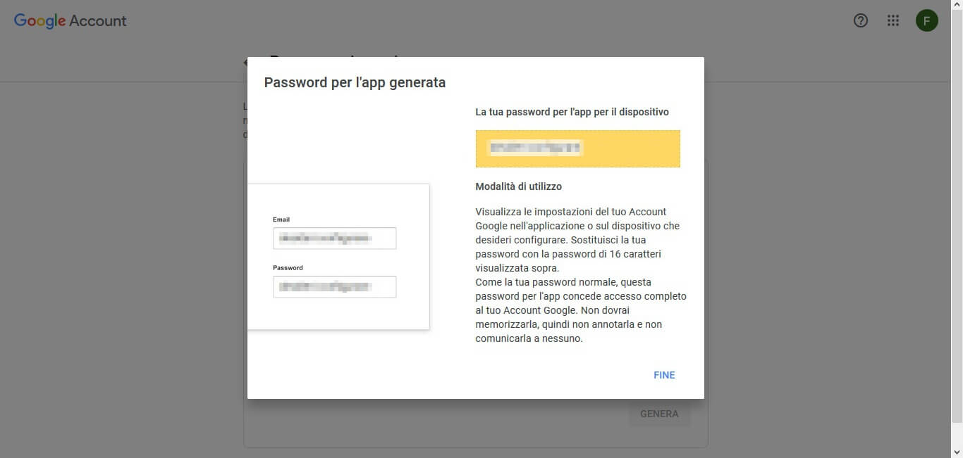 password generata per l'app selezionata
